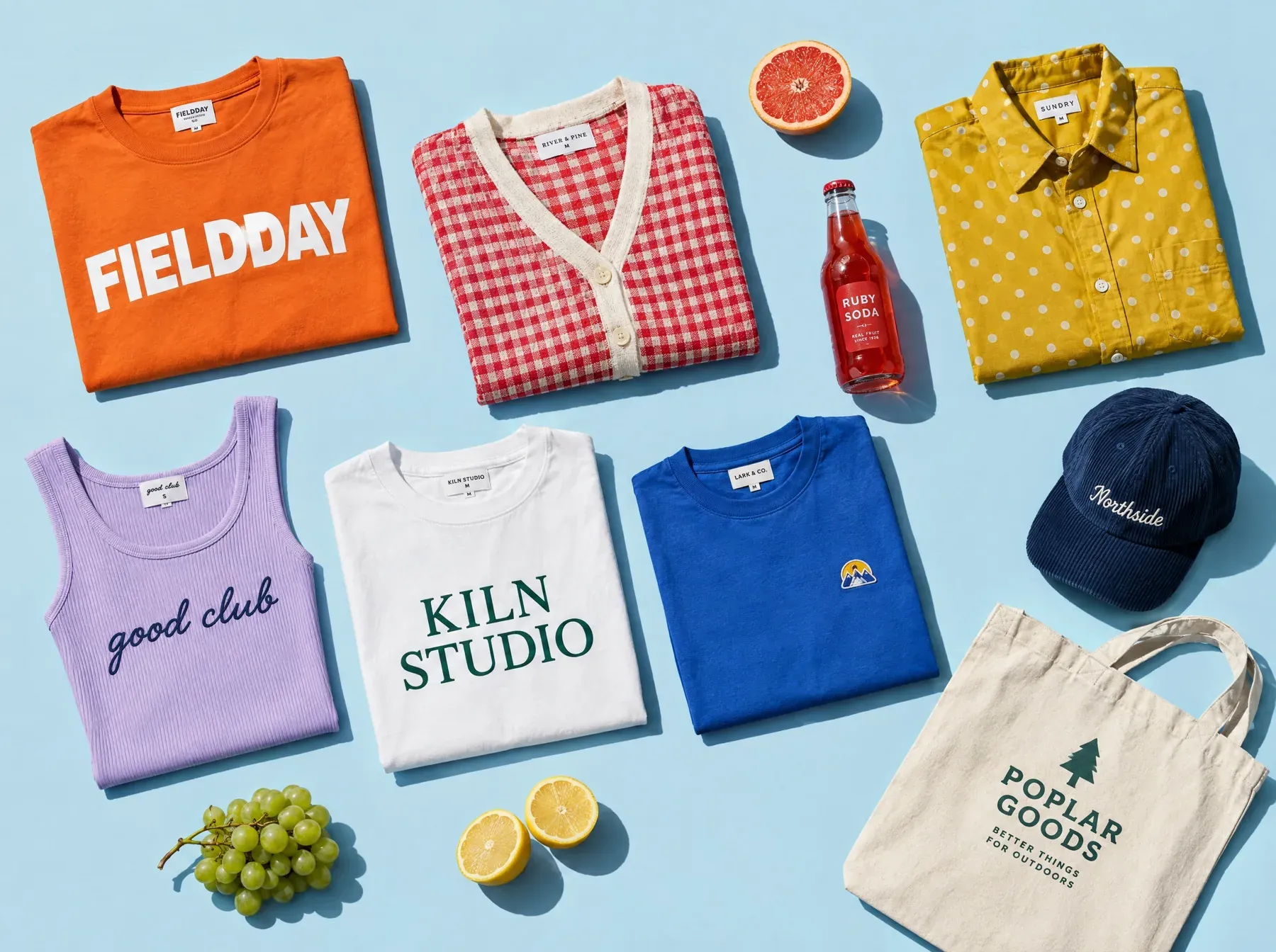 Branded tees, shirts, a cap and a tote laid out with fruit