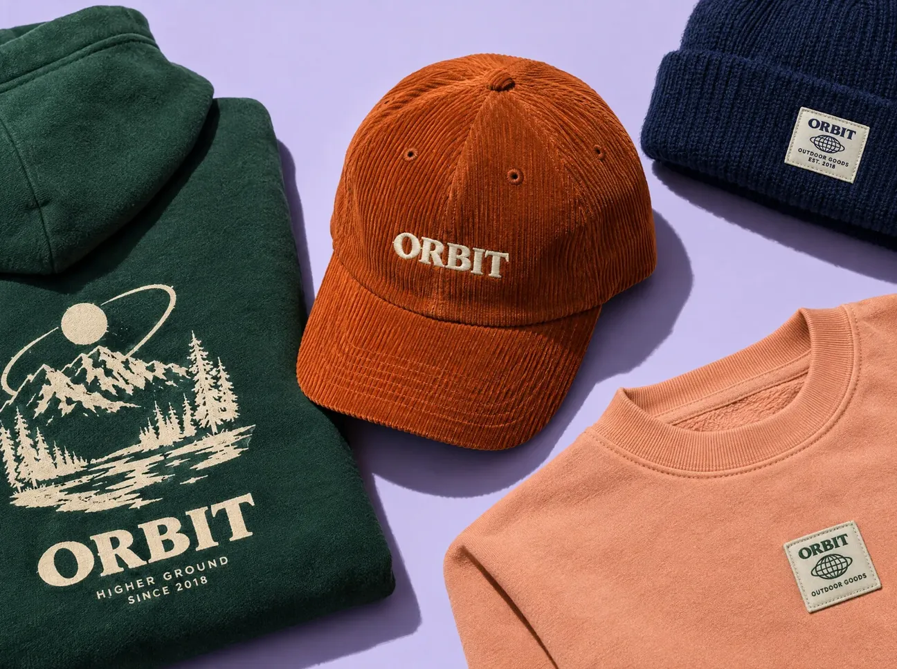 Embroidered corduroy cap, printed hoodie, beanie and sweatshirt