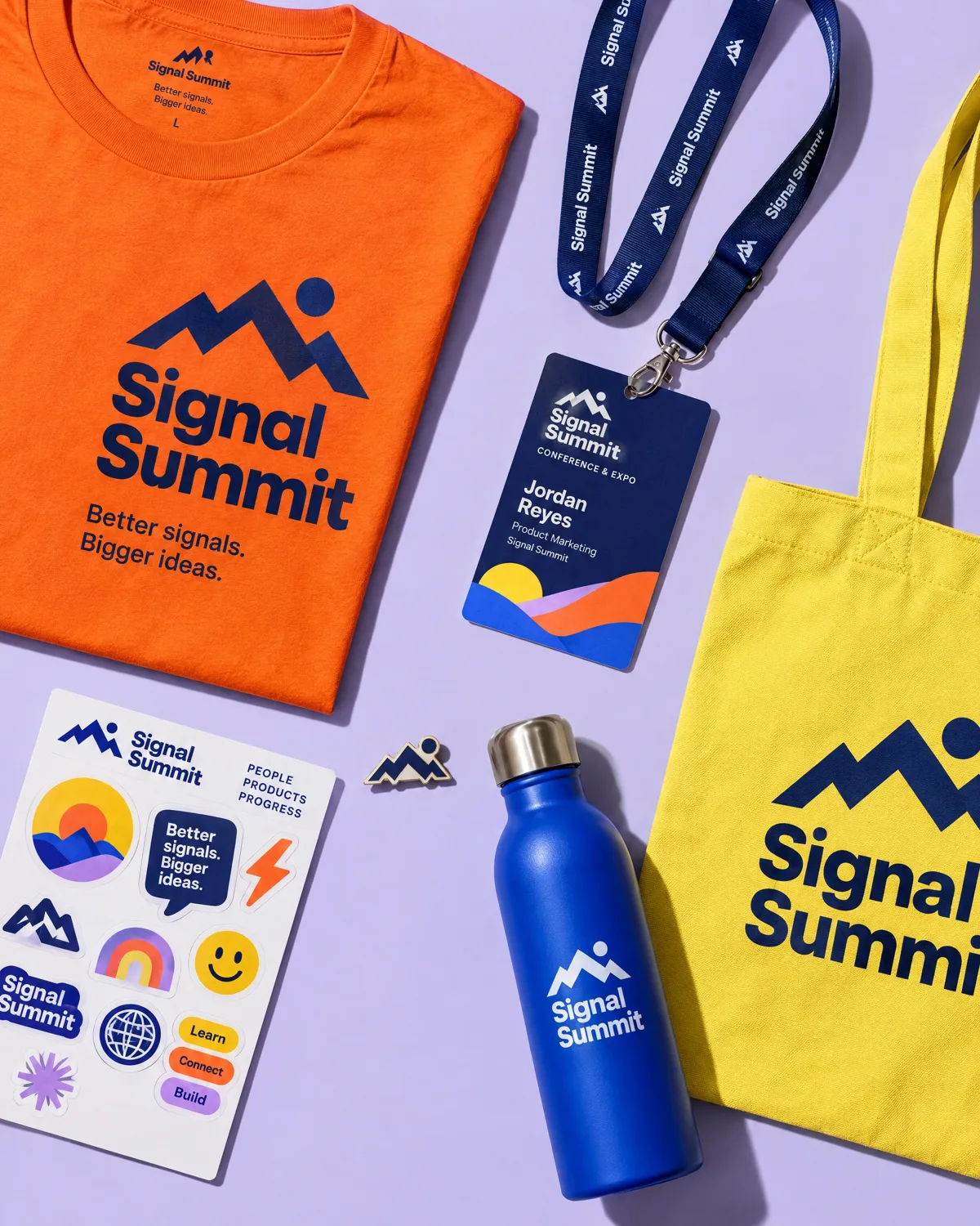 Signal Summit event swag: tees, lanyards, a bottle, stickers and a tote