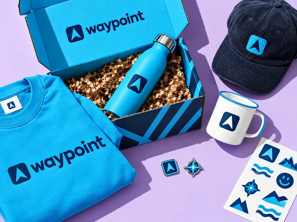 Waypoint mailer box with a branded bottle in kraft shred, a blue Waypoint tee, a corduroy cap, an enamel mug, pins and stickers on lilac paper