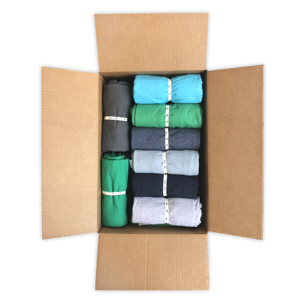 PF Event Packing Box - Top View Organized box of apparel showing how t shirt dropshipping looks with Printfection
