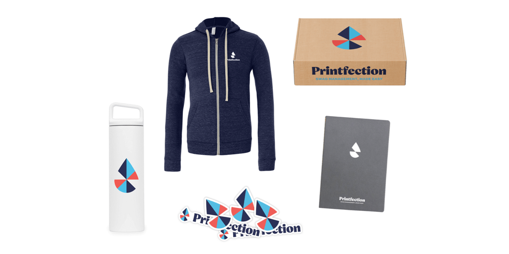 Printfection's employee swag kit example Employee welcome kit with various swag items
