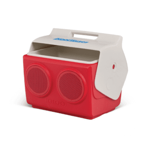 Company swag ideas red and white traditional Igloo cooler with speakers built in