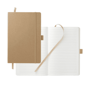 Company swag ideas tan cover journal with elastic closure, pen holder, and ribbon bookmark